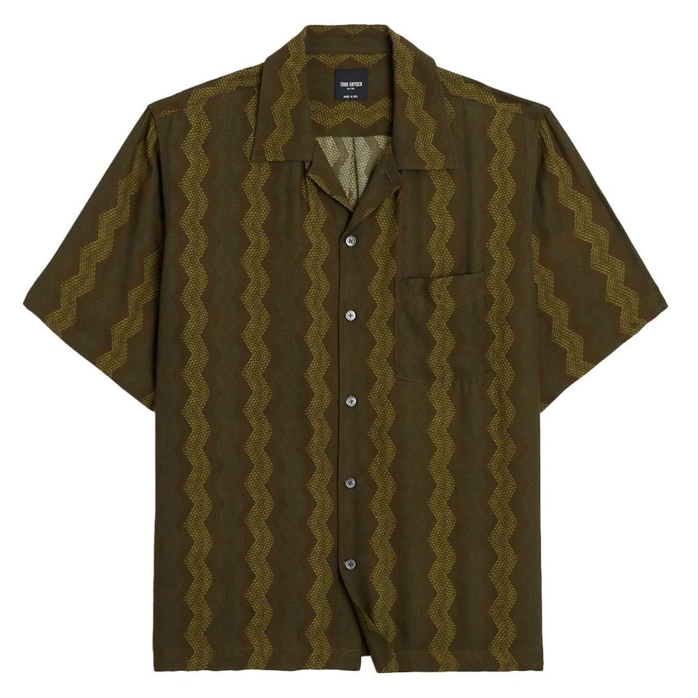 Todd Snyder’s Relaxed Camp Collar Shirt in Olive Zigzag